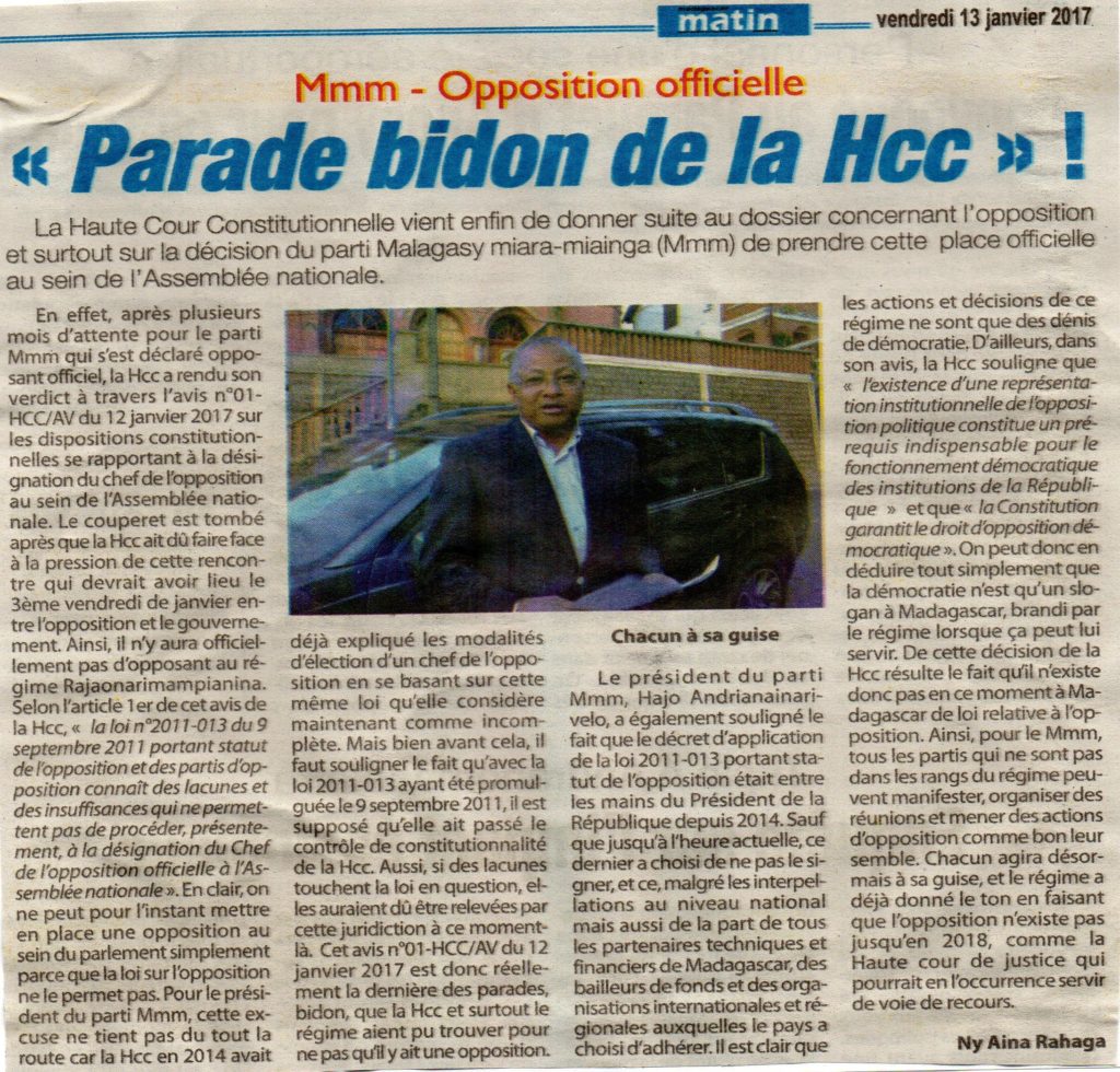 Mmm - Opposition officielle << Parade bidon de la Hcc >>!