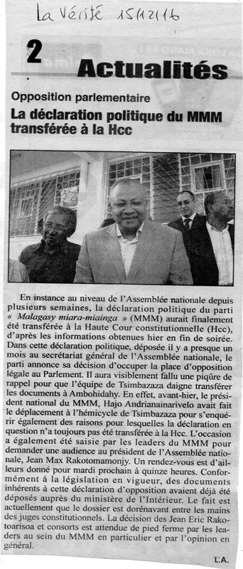 Opposition parlementaire : "La déclaration politique du MMM transférée à la Hcc"