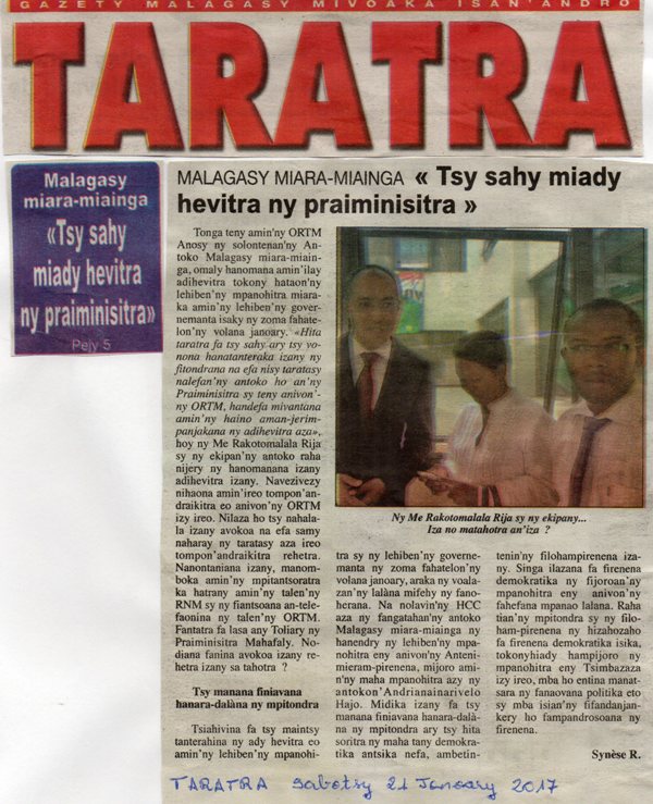 MMM : Tsy sahy miady hevitra ny praiminisitra
