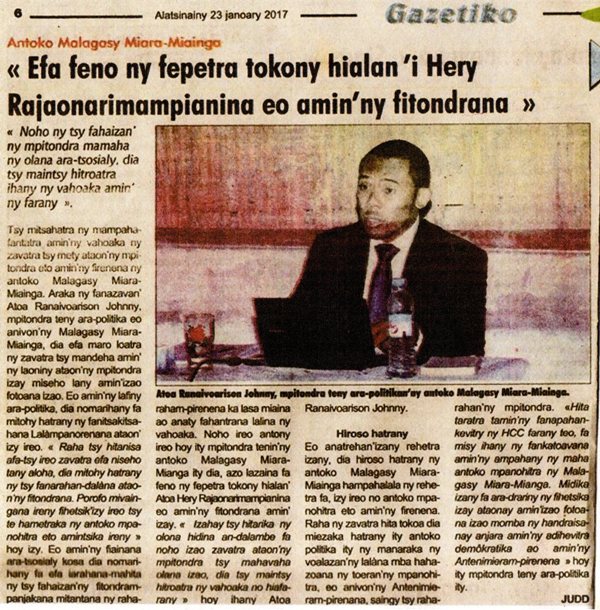 MMM "Efa feno ny fepetra tokony hialan'i Hery Rajaonarimampianina amin'ny fitondran"