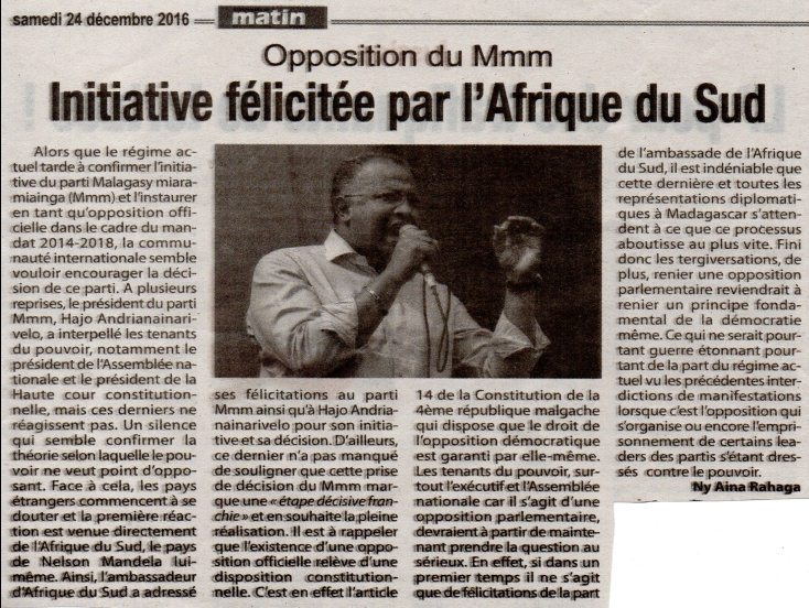 Opposition du Mmm : Initiative félicitée par l'Afrique du Sud