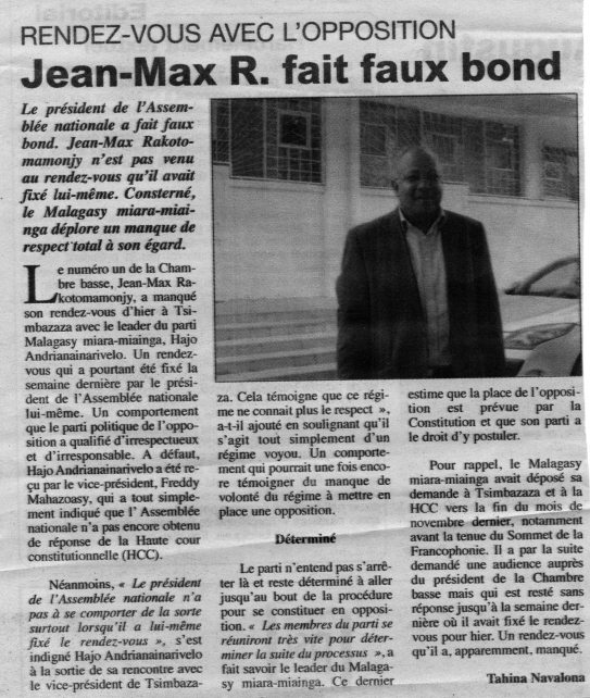 Rendez-vous avec l'opposition : Jean-Max R. fait faux bond