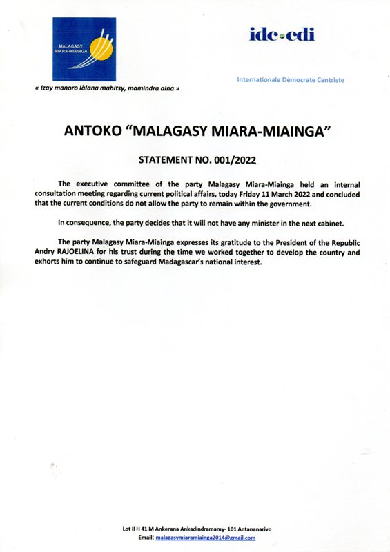 ANTOKO “MALAGASY MIARA-MIAINGA”,STATEMENT NO. 001/2022
