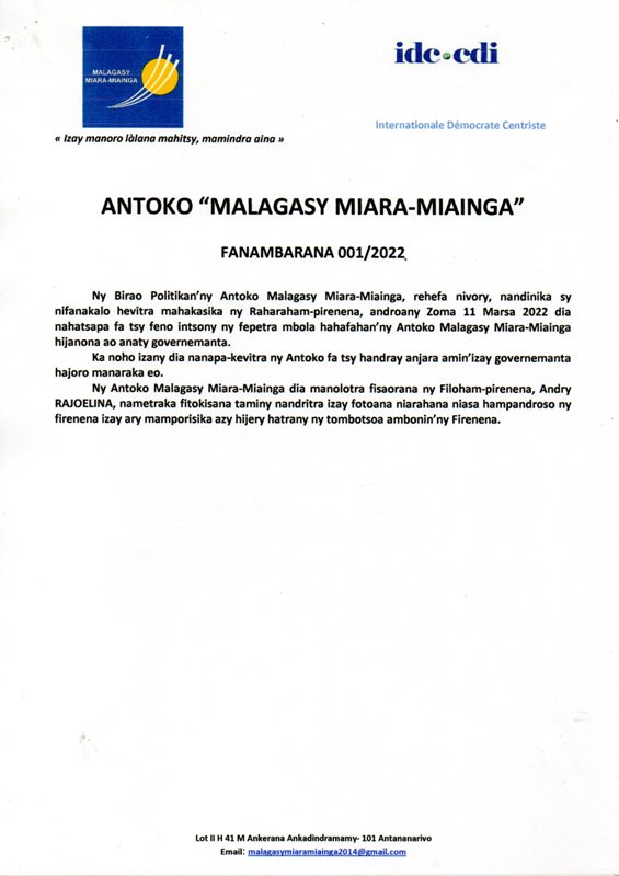 ANTOKO “MALAGASY MIARA-MIAINGA”, Fanambarana 11 Marsa 2022